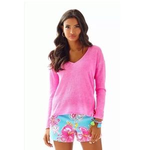 Lilly Pulitzer Taryn Sm Linen Sweater Pink V-Neck